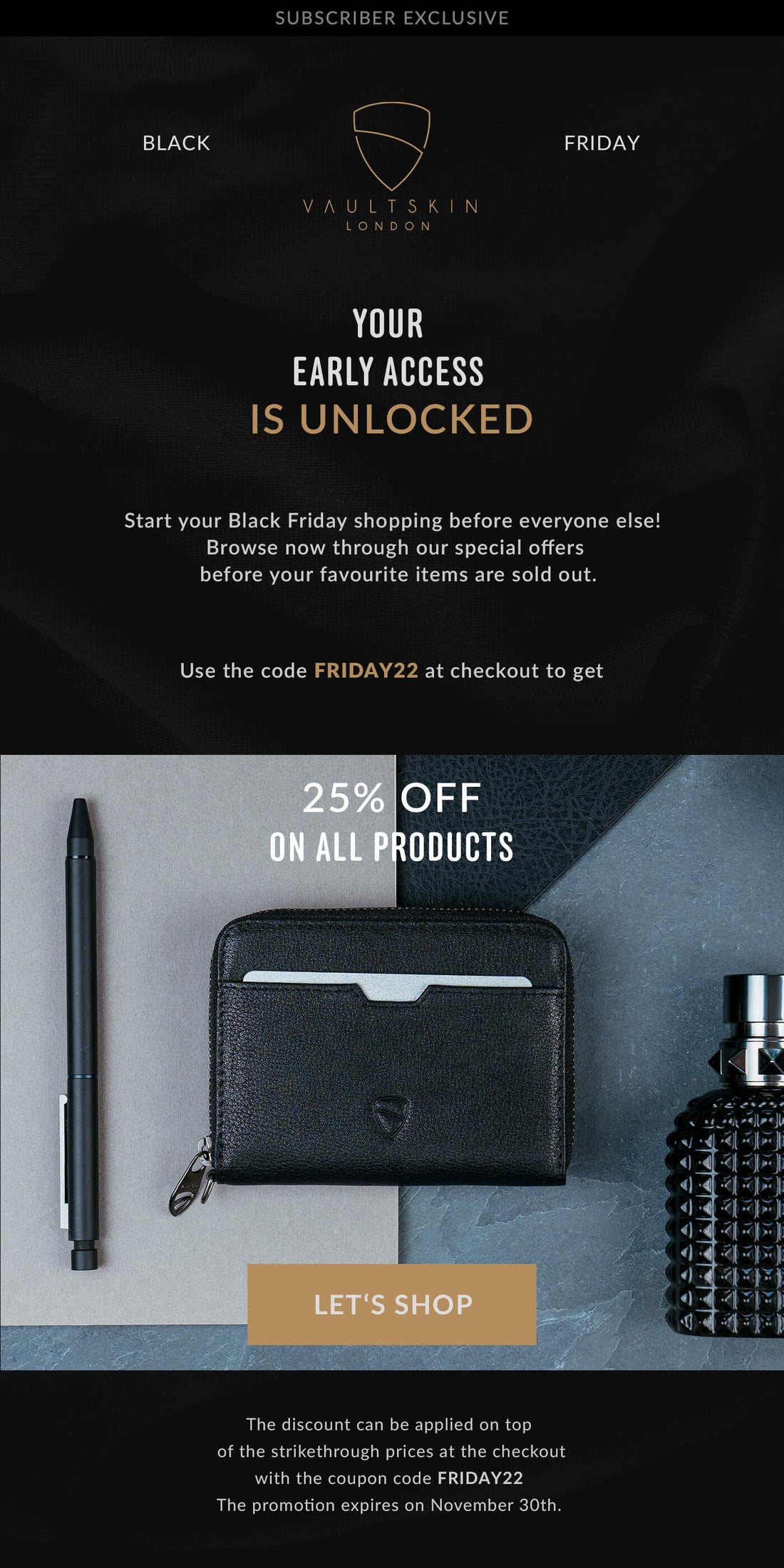 A black pen, a black leather zip-around card wallet with cards, and a dark glass bottle on a grey background