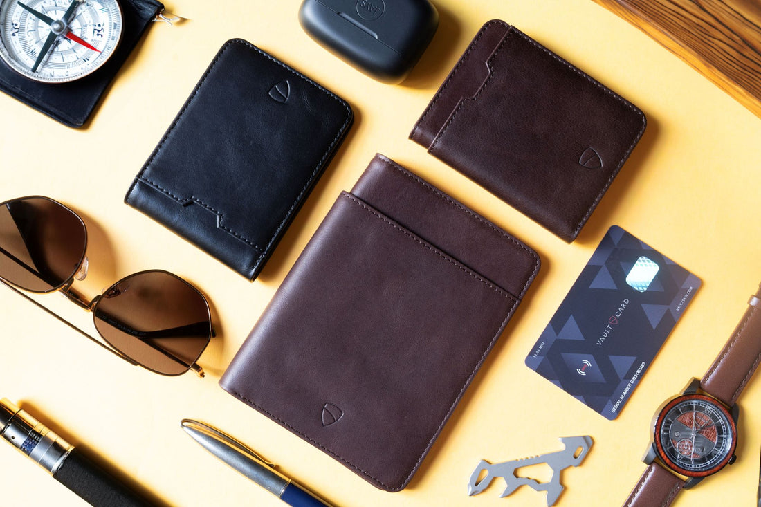A compass, sunglasses, pen, multi-tool, watch, earbuds case, three leather wallets and a black RFID-blocking card arranged on a yellow surface