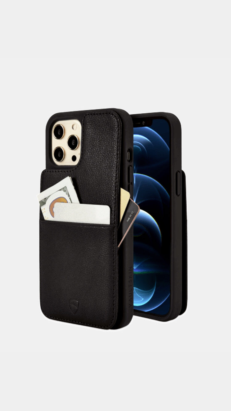 Black leather iPhone case with a back card pocket holding cash and 2 cards, shown front and back