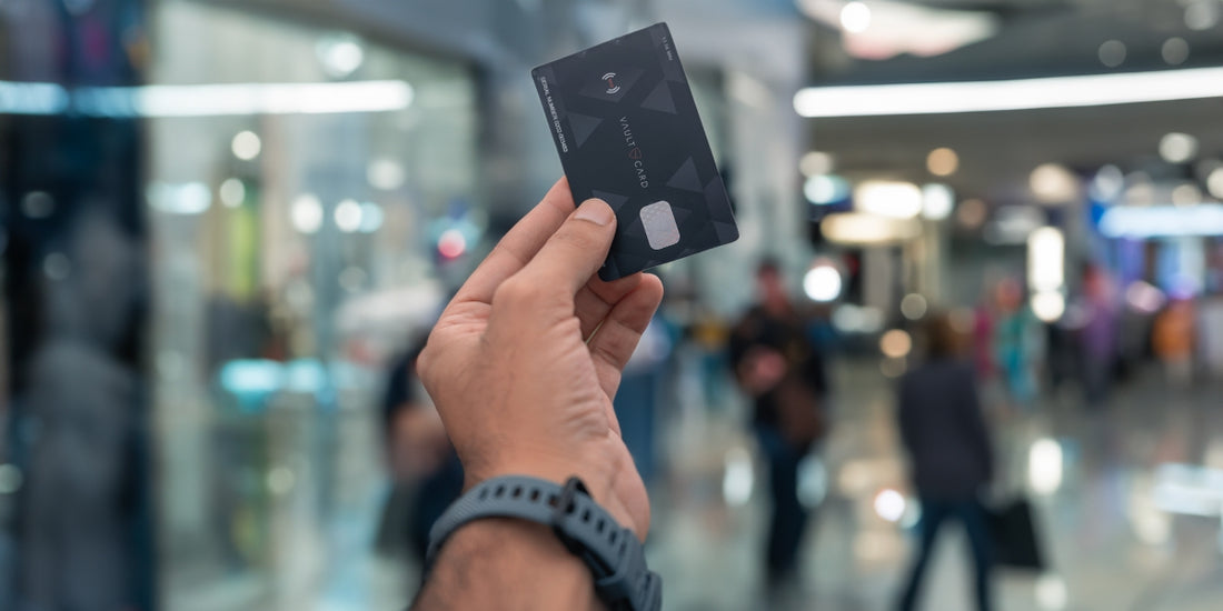 A hand holds up a black VAULTCARD RFID-jamming card in a blurred shopping mall