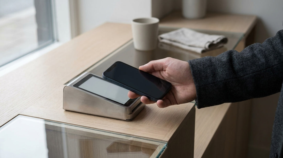 A professional at a walnut desk beside blank contactless cards and a Vaultskin VAULTCARD RFID-jamming card