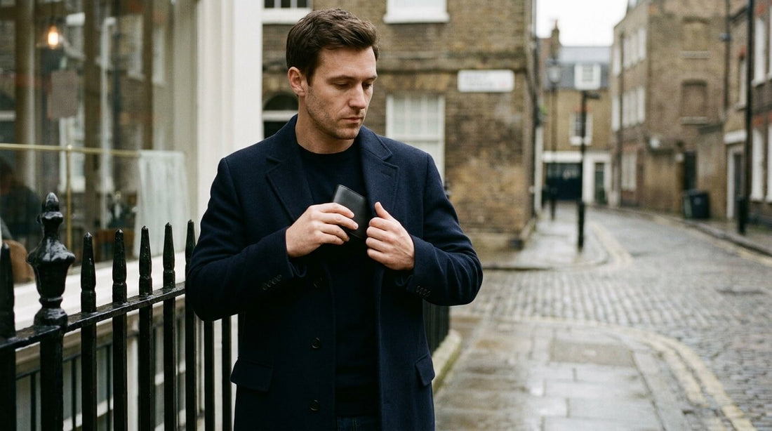 Man in a tailored coat slipping a closed leather wallet into his inside pocket on a London street