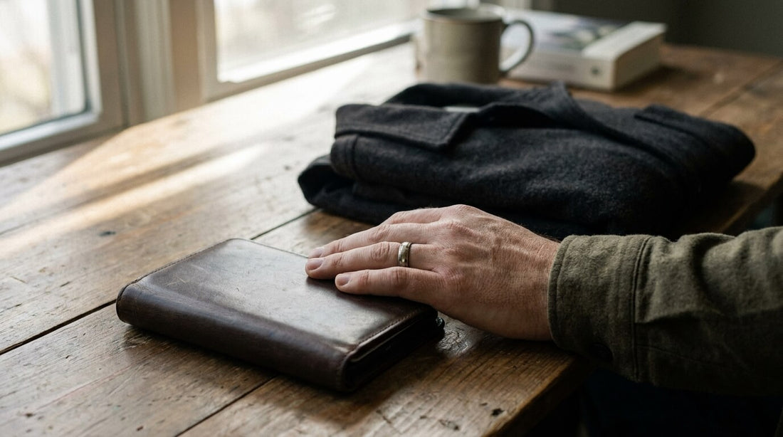 A closed slim leather wallet resting on a wooden desk in soft natural light