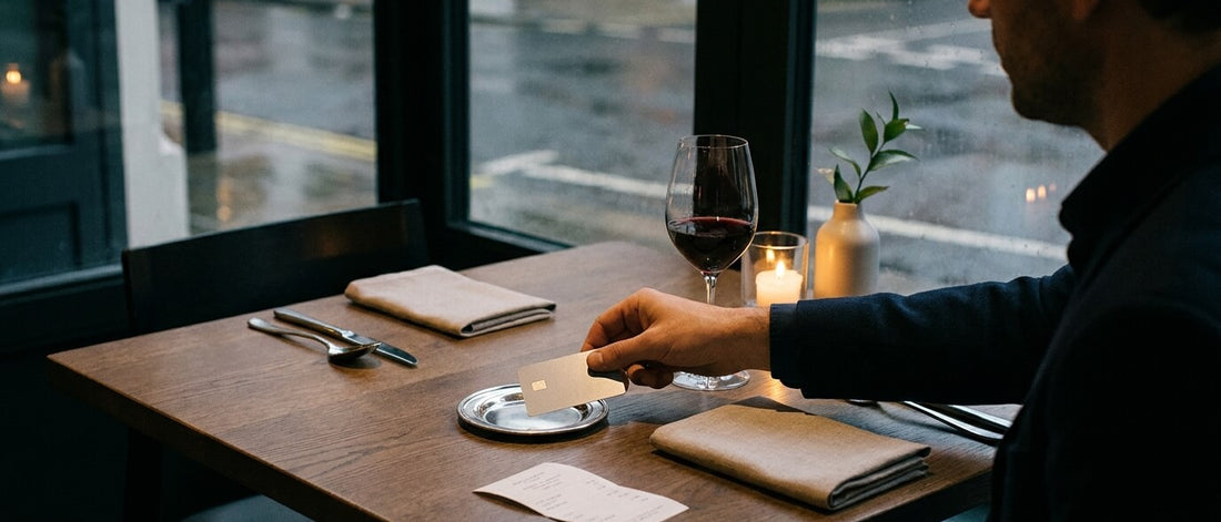 A diner places a plain bank card on a silver saucer beside the bill and a glass of red wine by a rainy window