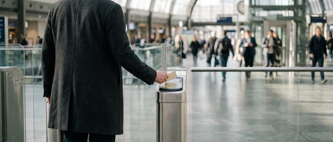 A commuter in a grey wool coat holds a contactless card over a ticket barrier reader in a glass-roofed station