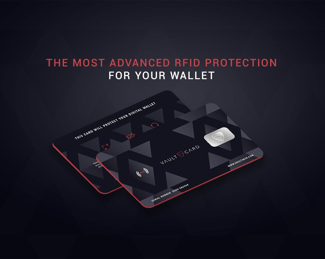 Two VAULTCARD RFID-jamming cards shown front and back with red edge trim and a geometric pattern