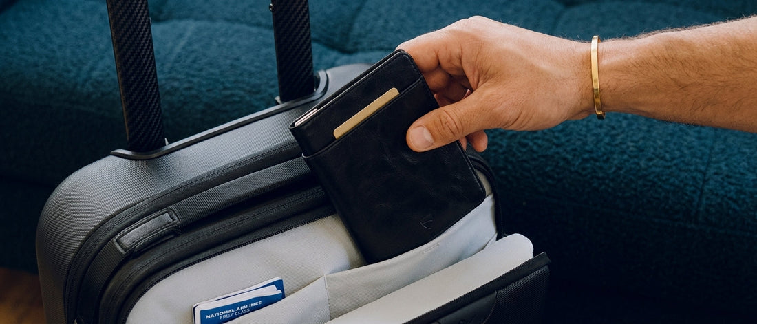 Black leather Kensington passport wallet inside black travel case