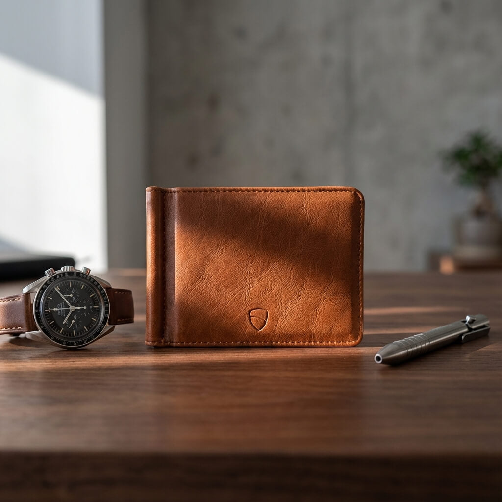 A brown leather BROMPTON money-clip wallet beside a wristwatch and a metal pen on a wooden table