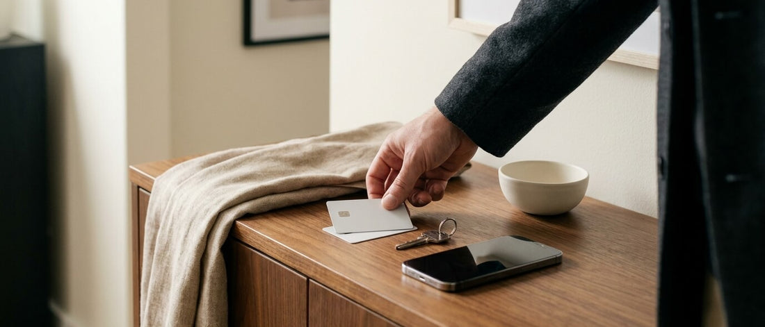 A hand sets two bank cards beside a single key and a smartphone on a walnut console table by a linen scarf