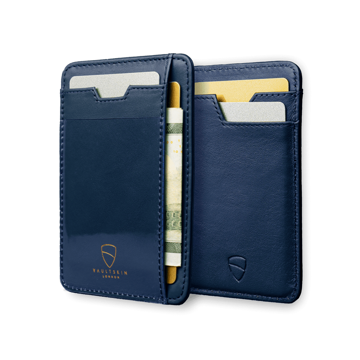 Vaultskin Brixton royal blue compact ID window wallet side view on white background