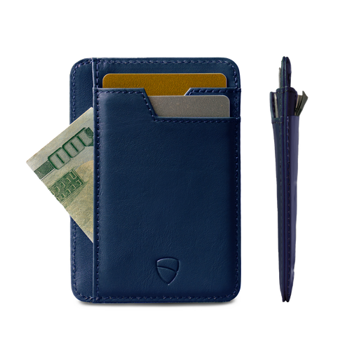 Vaultskin Brixton royal blue RFID card holder back view on white background