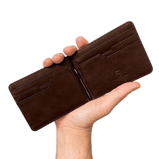 Vaultskin BROMPTON brown wallet open – RFID secure card storage and money pocket