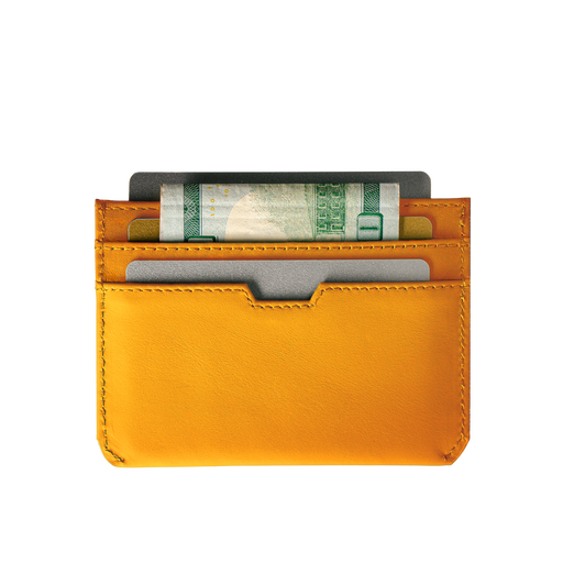 Vaultskin Moorgate golden yellow RFID minimalist card wallet back view on white background