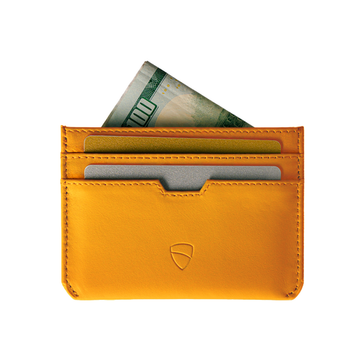 Vaultskin Moorgate golden yellow slim leather card holder front view on white background