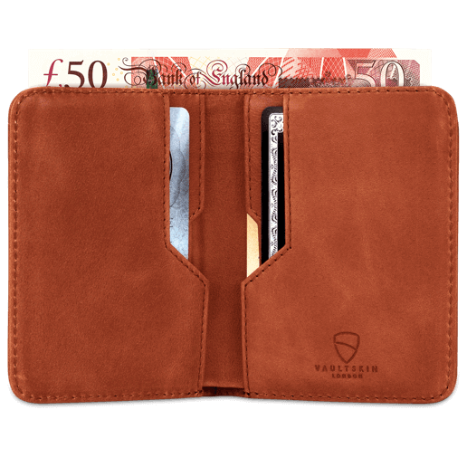 Vaultskin CITY presents a thin, cognac leather RFID-protected purse, marrying sophistication with security for daily use