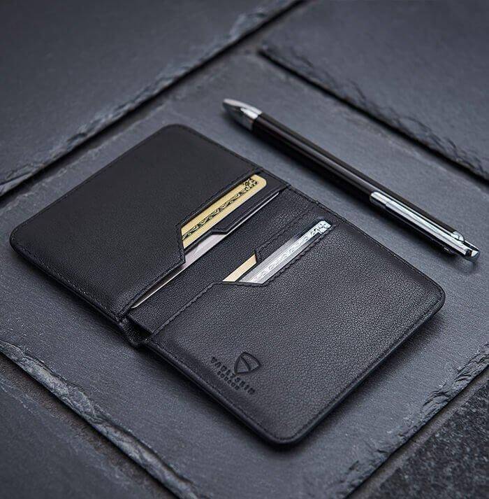 Slim wallet with invisible RFID blocking, Vaultskin CITY black minimalist card wallet for modern professionals