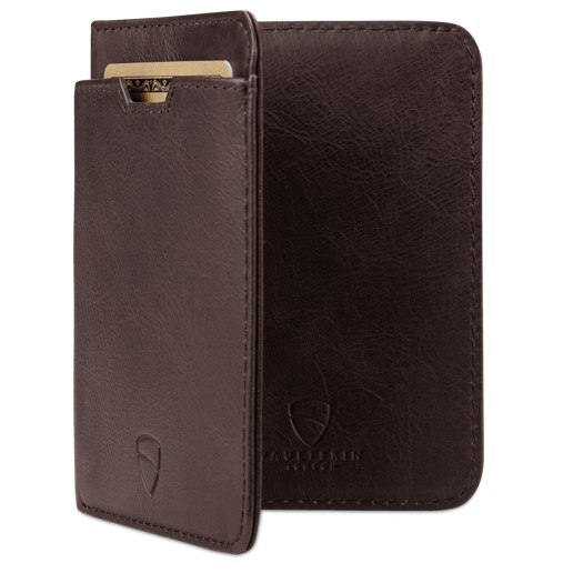 Elegant brown RFID-protected women's wallet by Vaultskin CITY, showcasing a slim profile for the minimalist carrier