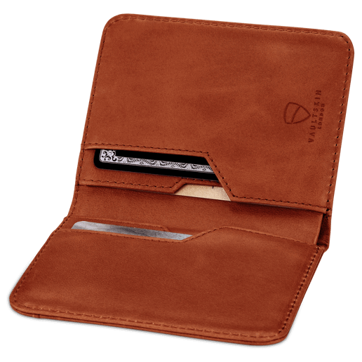 Vaultskin CITY's stylish cognac leather card holder, blending minimalist design with secure RFID blocking technology for the modern user