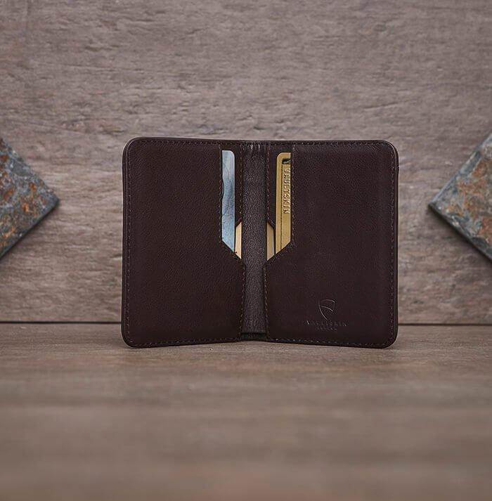 Compact and secure brown leather CITY wallet by Vaultskin, featuring exterior card slot for quick access and RFID protection