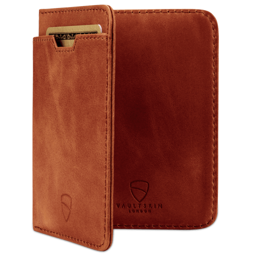 Chic cognac-colored RFID-protected women's wallet by Vaultskin CITY, featuring a slim and elegant design for the fashion-forward minimalist