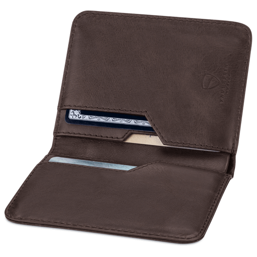 Vaultskin CITY's modern brown leather card holder, embodying a minimalist design with advanced RFID blocking technology