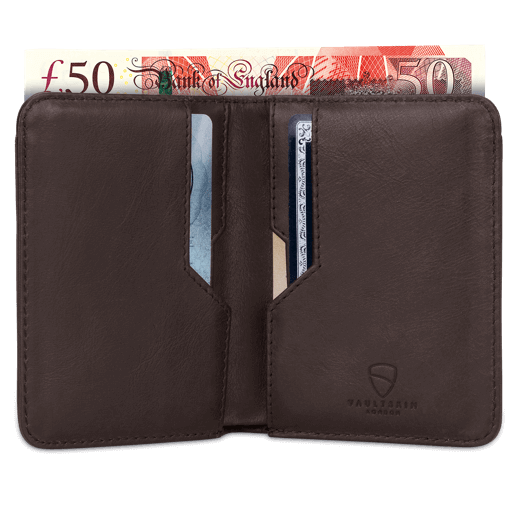 Sleek and thin brown leather RFID-protective purse from Vaultskin CITY, blending style with secure technology