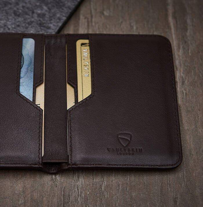 Luxuriously slim brown Vaultskin CITY wallet, integrating RFID shielding within durable Italian leather craftsmanship
