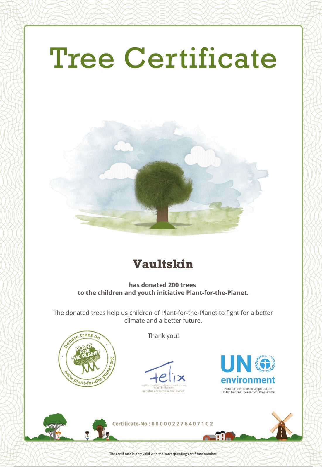 A certificate confirming the donation of 200 trees
