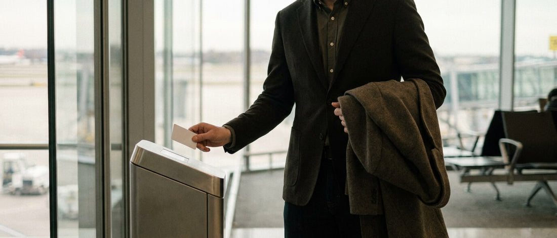 A traveller in a brown jacket taps a contactless card at an airport gate, a coat over his arm and the runway beyond
