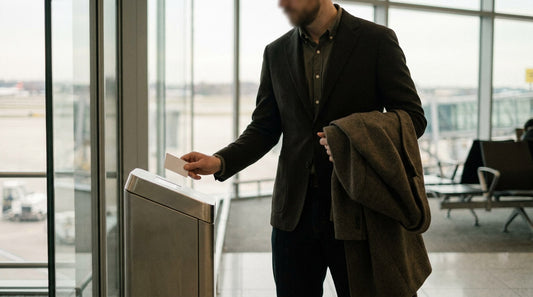 A traveller in a brown jacket taps a contactless card at an airport gate, a coat over his arm and the runway beyond