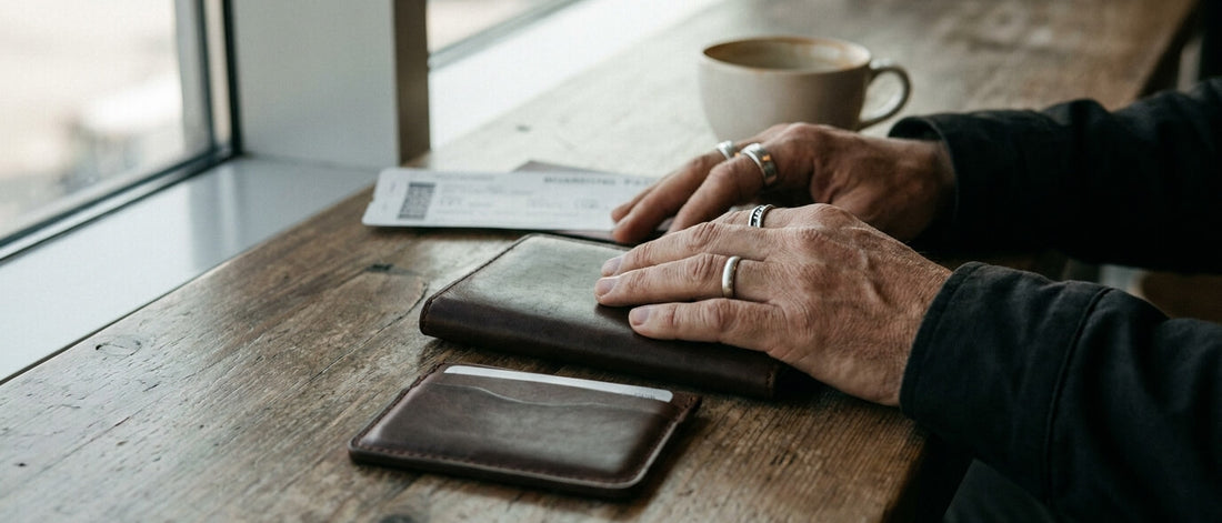 Closed leather passport holder and cardholder on a table in an airport lounge, softly lit by window light