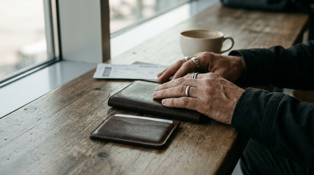 Closed leather passport holder and cardholder on a table in an airport lounge, softly lit by window light