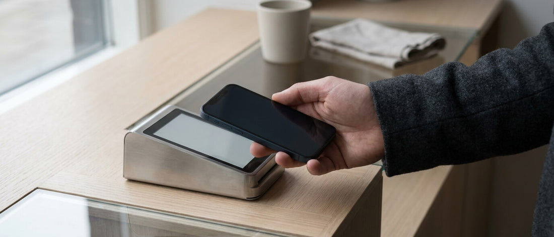 A professional at a walnut desk beside blank contactless cards and a Vaultskin VAULTCARD RFID-jamming card