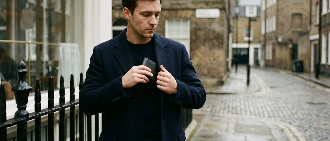 Man in a tailored coat slipping a closed leather wallet into his inside pocket on a London street