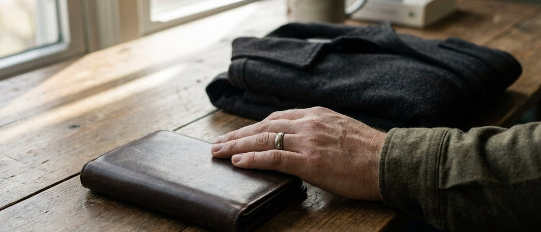 A closed slim leather wallet resting on a wooden desk in soft natural light