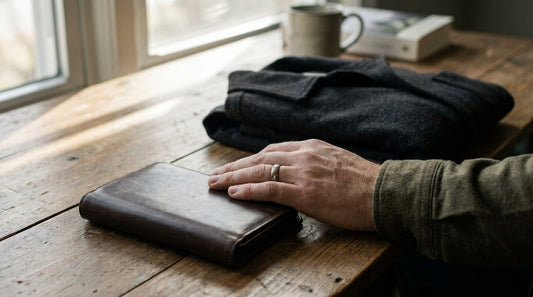 A closed slim leather wallet resting on a wooden desk in soft natural light