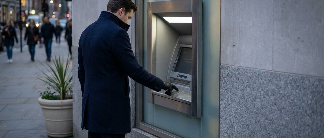 A man in a navy coat types his PIN at a street cash machine set into a stone wall at dusk