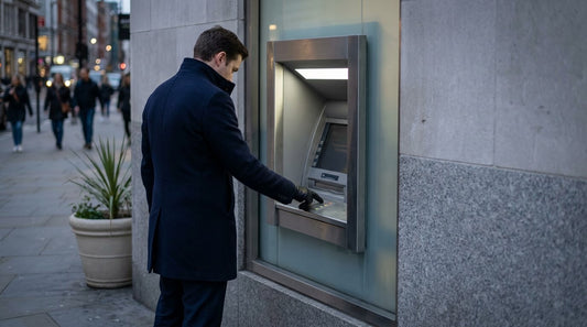 A man in a navy coat types his PIN at a street cash machine set into a stone wall at dusk