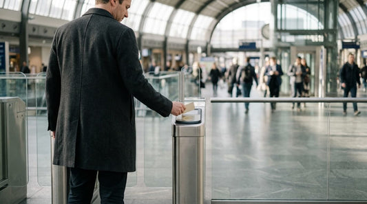 A commuter in a grey wool coat holds a contactless card over a ticket barrier reader in a glass-roofed station