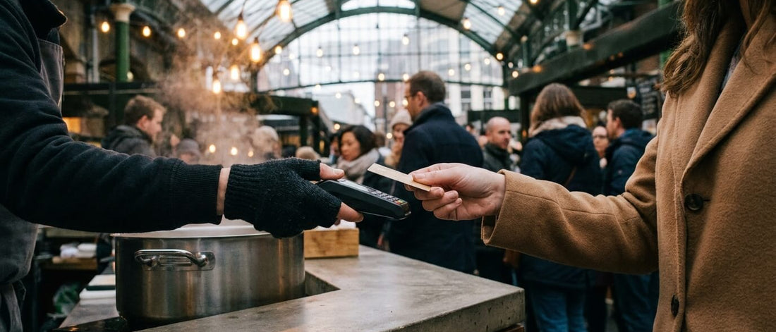 A market trader holds out a portable card terminal to a customer in a camel coat under a Victorian glass roof
