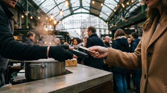 A market trader holds out a portable card terminal to a customer in a camel coat under a Victorian glass roof