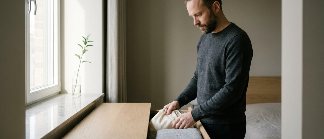 A man in a grey jumper puts folded linen into an oak drawer in a bright bedroom beside the window