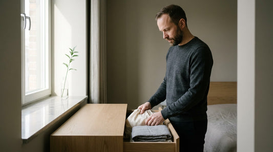 A man in a grey jumper puts folded linen into an oak drawer in a bright bedroom beside the window