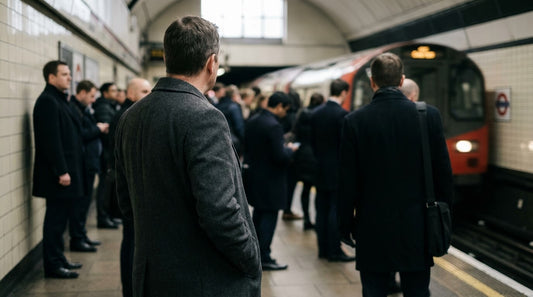 A commuter in a charcoal overcoat waits on a crowded London Underground platform with one hand in his coat pocket