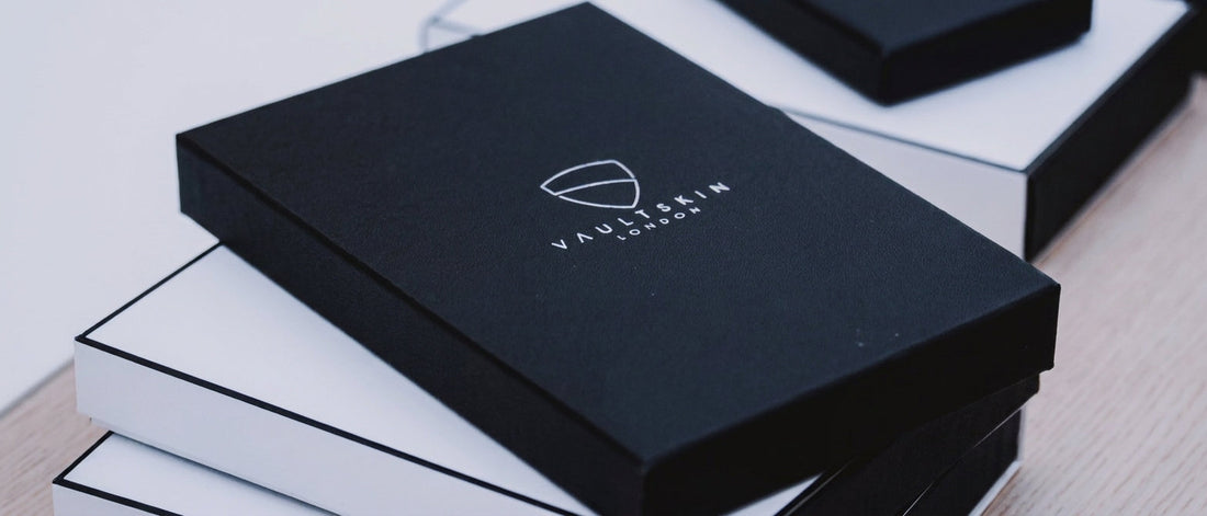 Vaultskin black box packaging on table