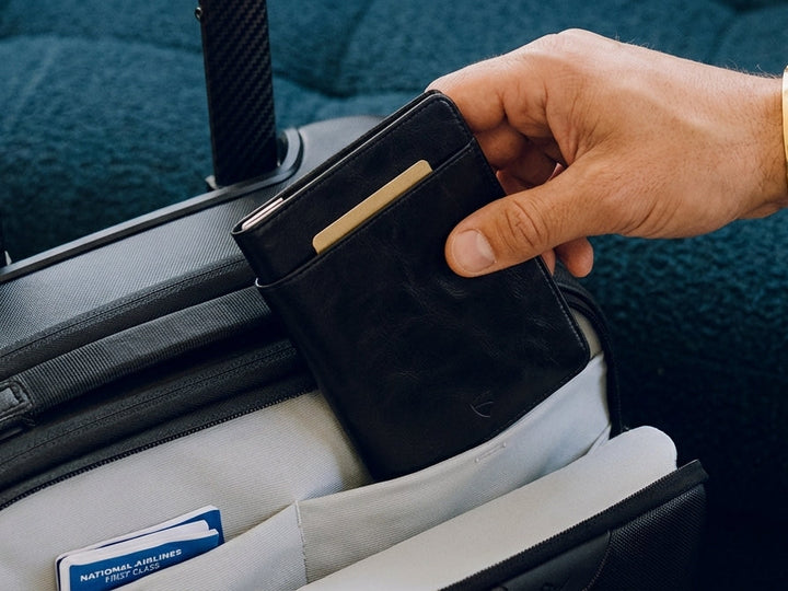 Black leather Kensington passport wallet inside black travel case