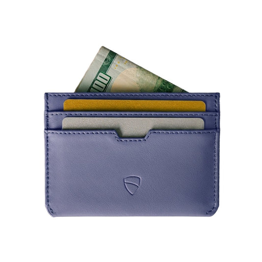 Vaultskin MOORGATE card holder in Purple Blue leather, front view with cards and a banknote