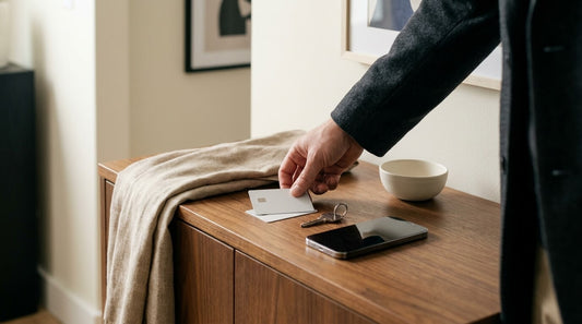 A hand sets two bank cards beside a single key and a smartphone on a walnut console table by a linen scarf