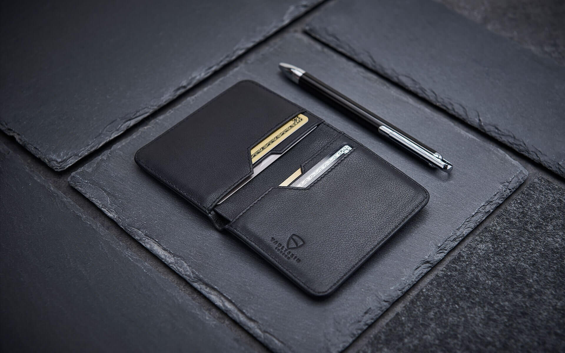 Vaultskin CITY RFID-blocking wallet showcased in a sleek, modern setting, highlighting its slim and minimalist design ideal for the contemporary user.