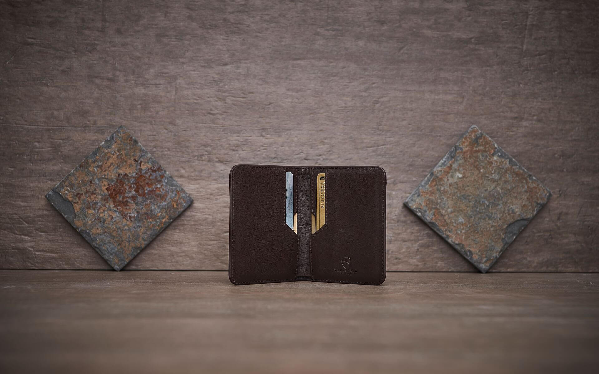 Detailed view of the Vaultskin CITY brown wallet, displaying the fine Italian leather and meticulous stitching for enduring elegance
